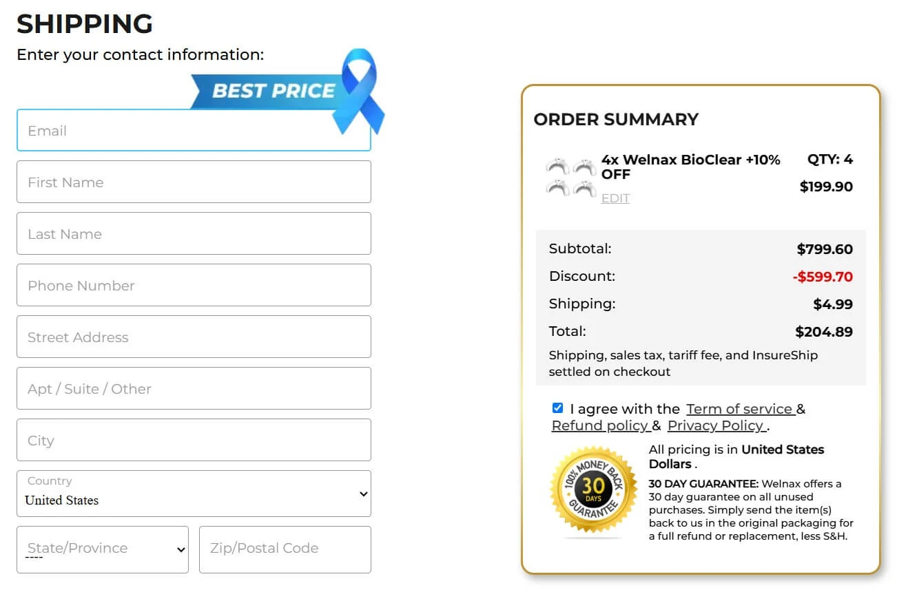 Welnax BioClear checkout